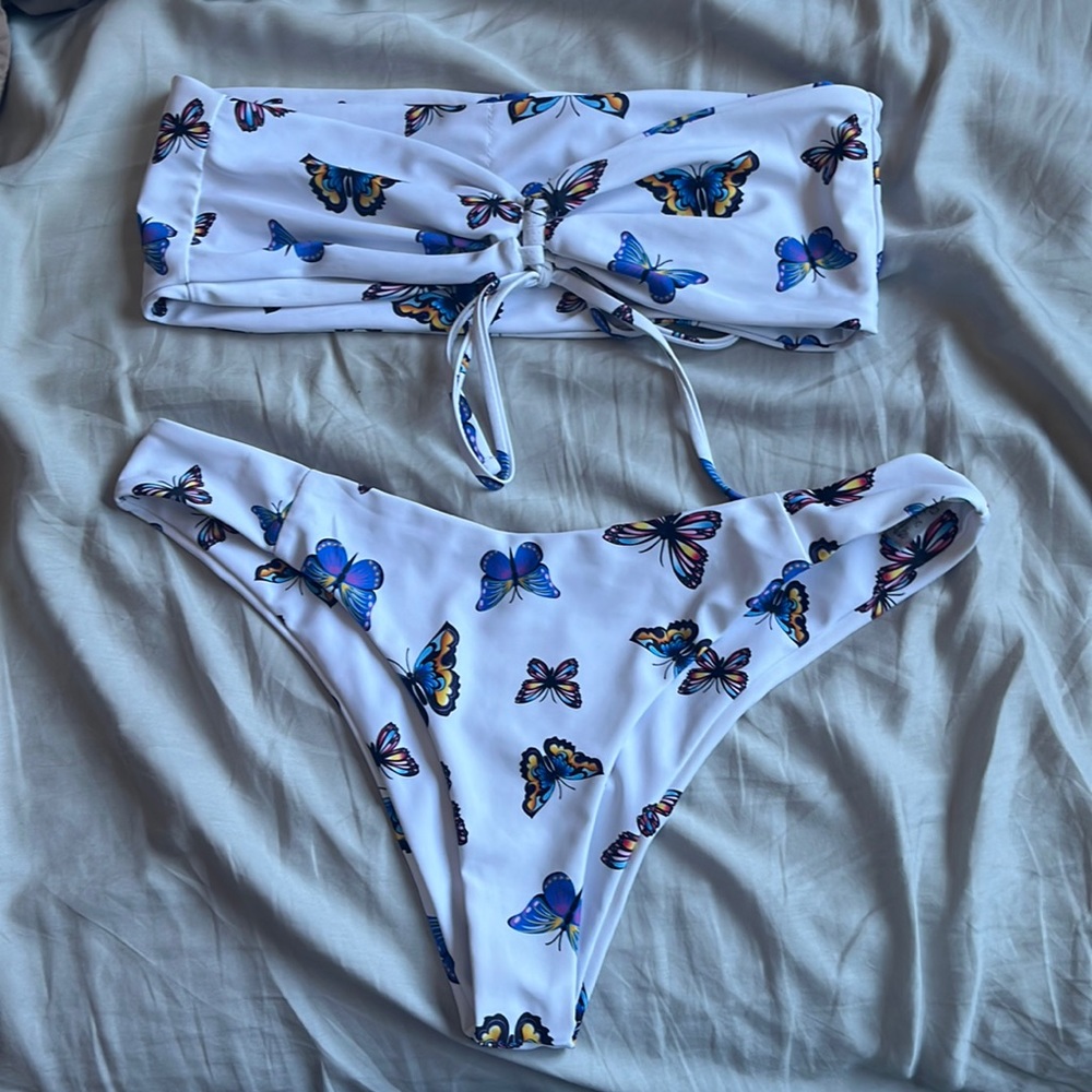 White bandeau top bikini-white with blue butterfly pattern Size L
